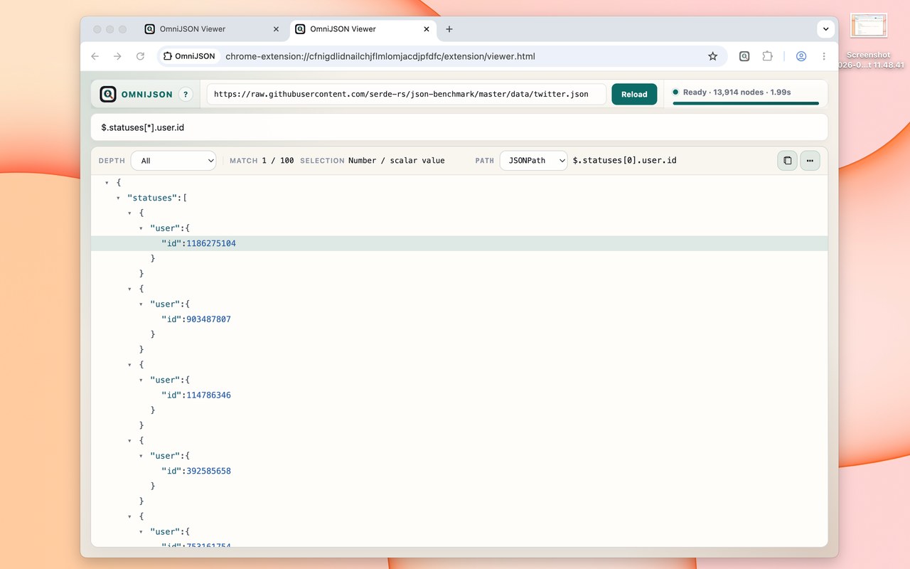 OmniJSON viewer showing one field from every array element via JSONPath.