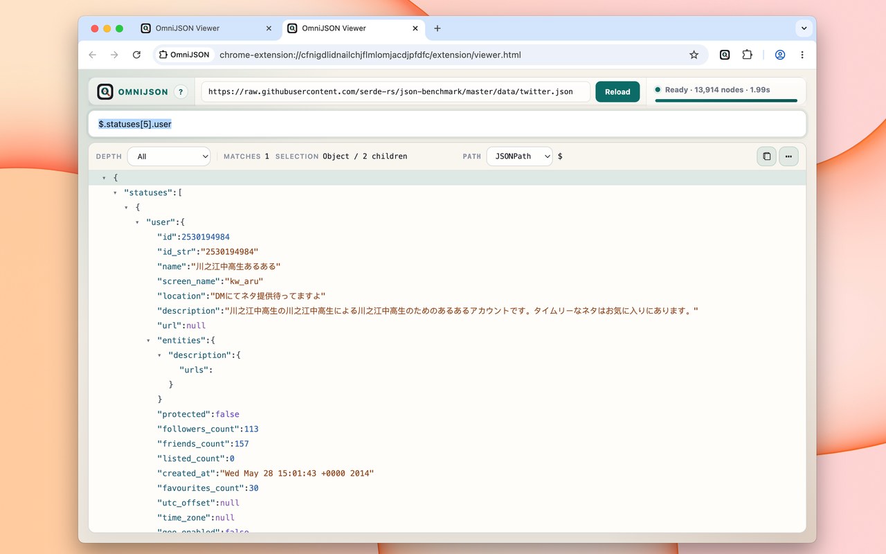 OmniJSON viewer filtered to a single array element with JSONPath.