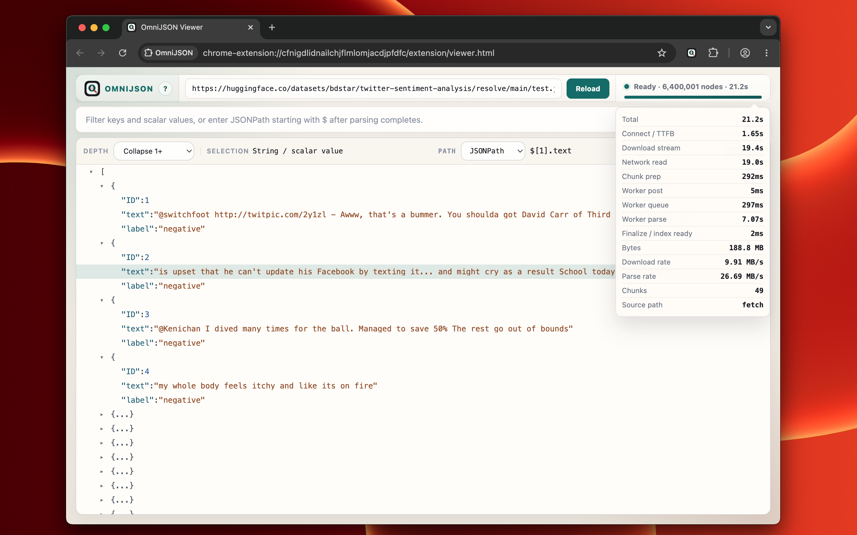 OmniJSON viewer with a 189 MB JSON file, tree selection, and performance metrics.